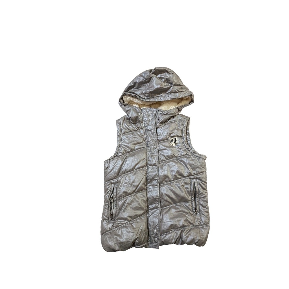 American Eagle Outfitters Metallic Silver Puffer Vest Hooded Faux Fur XS TP